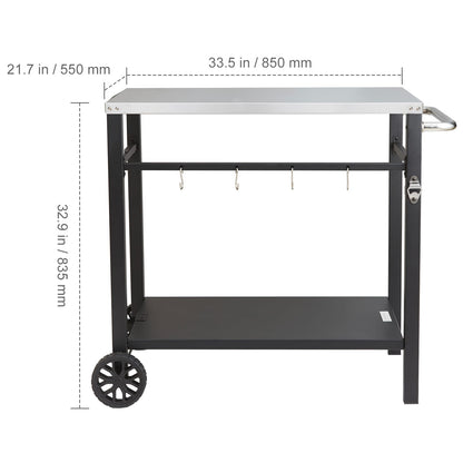 Black Iron BBQ Grill Cart with Stainless Steel Table - 35" Kitchen Island