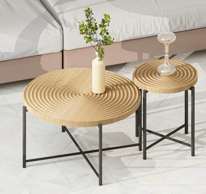 2-Piece Coffee & End Table Set - Oak Natural Wood + Antique White for Living Room