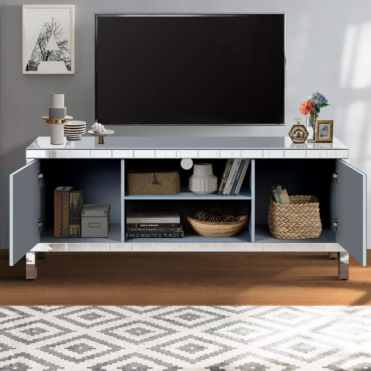 65 Inch TV Stand with Storage - Silver Antique Style
