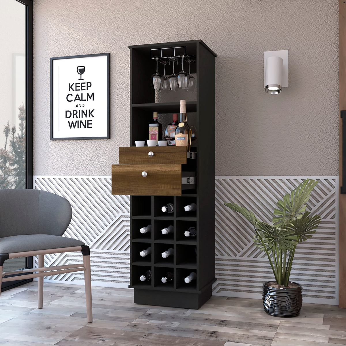 Wenge 12 Bottle Bar Cabinet with Drawers & Shelf for Living Room