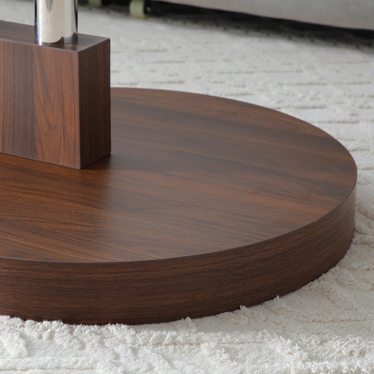 Modern Round Glass Table - Walnut & Grey Storage