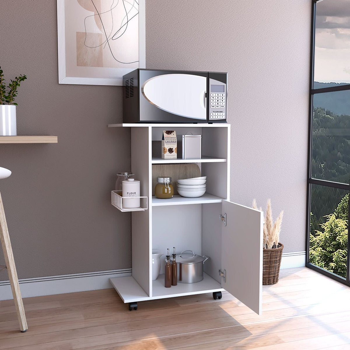39" White Kitchen Cart with Microwave Shelf