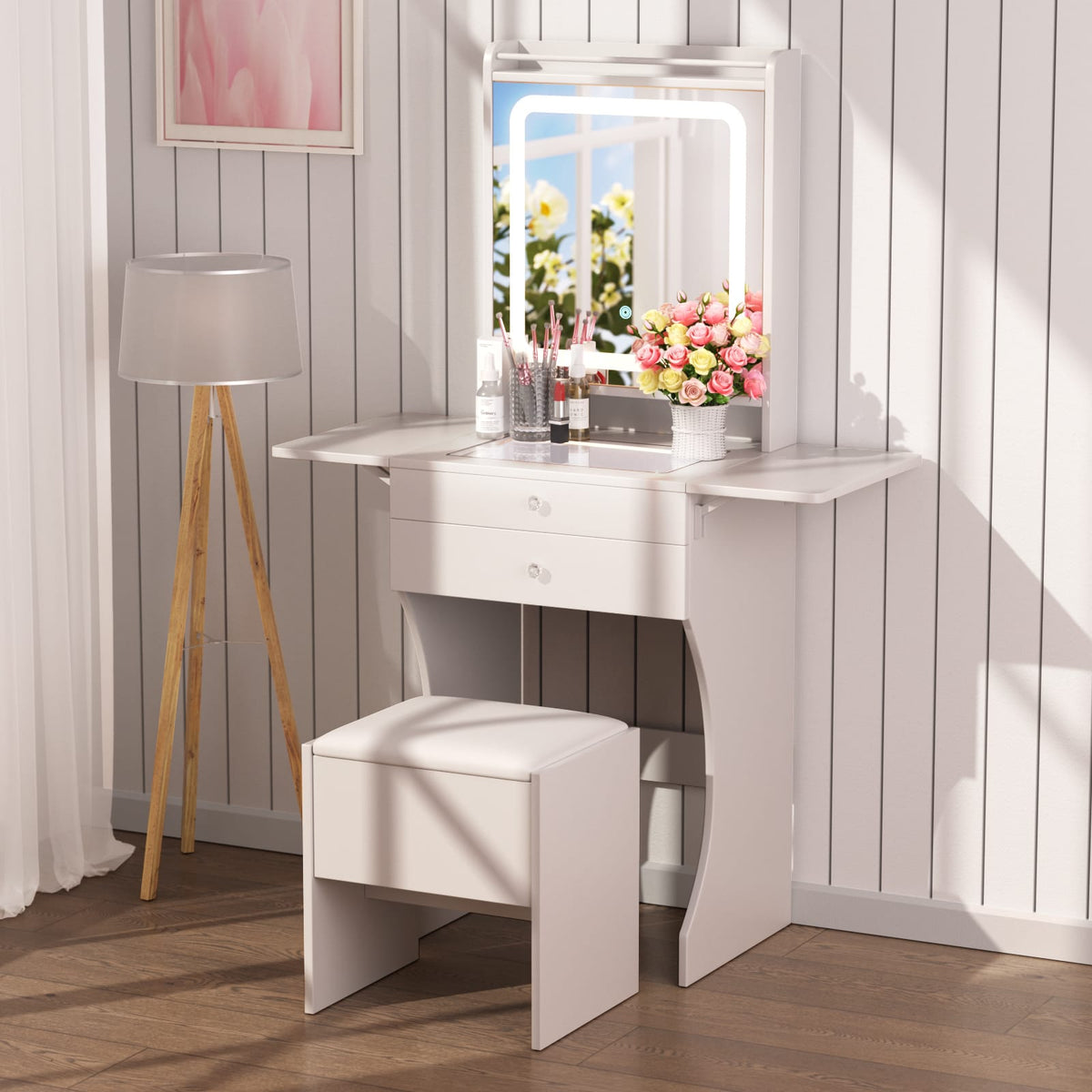 White MDF Makeup Vanity with Stool - Bedroom Storage