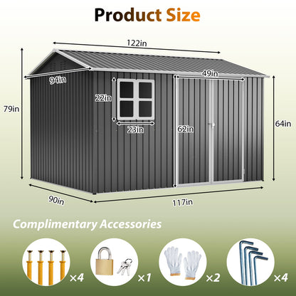 10'x8' Gray Metal Outdoor Storage Shed - Garden Tool Shed