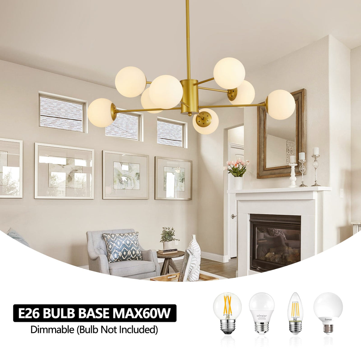 35" Modern Gold Chandelier with White Glass Shades - Dining Room Lighting
