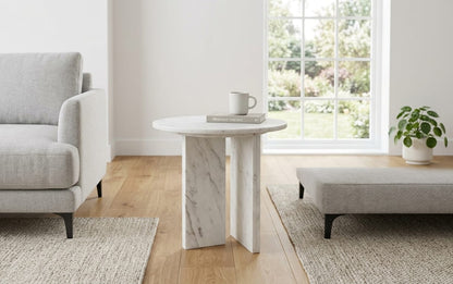 White Natural Marble Round Accent Table - Small Side Table, 17.7 Inch