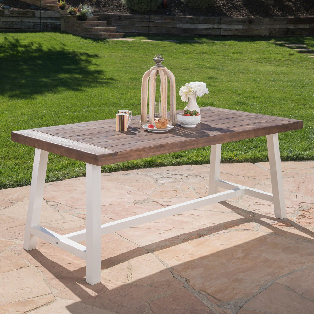 Dark Brown Acacia Wood Dining Table - Outdoor Rustic Metal Frame