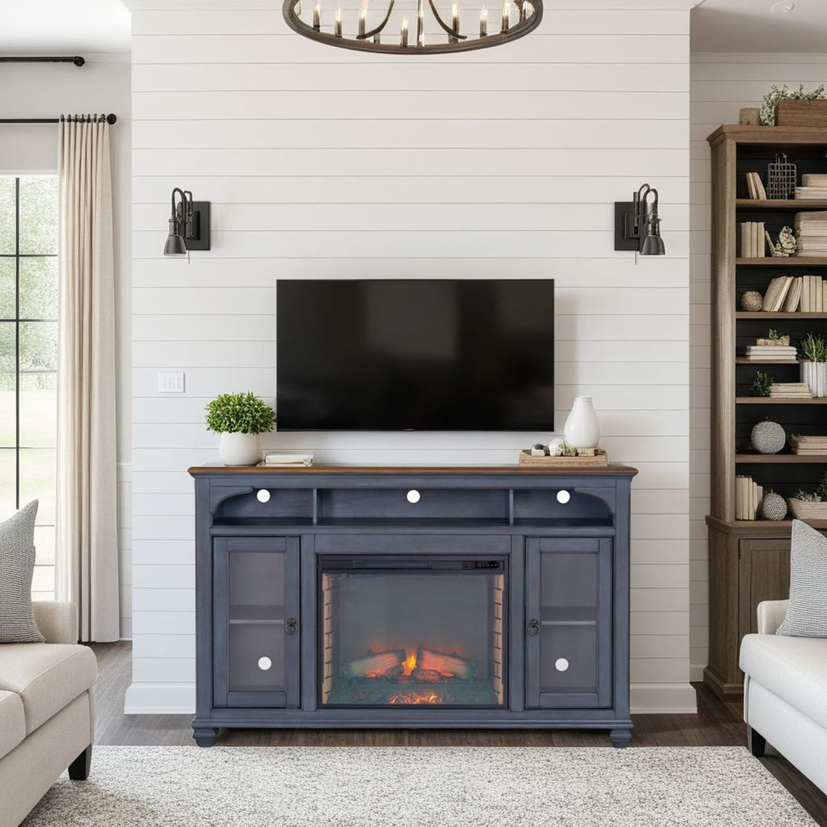 66" Blue Rubber Wood TV Stand for 80" TVs