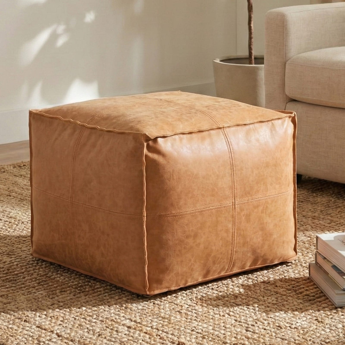 Light Brown Faux Leather Square Bean Bag Chair for Living Room