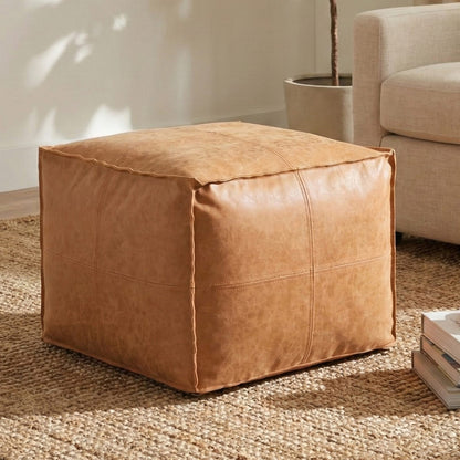 Light Brown Faux Leather Square Bean Bag Chair for Living Room