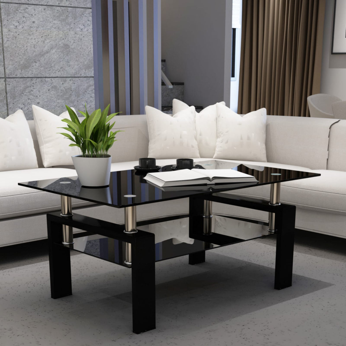 Black Glass Coffee Table - Storage Side Table