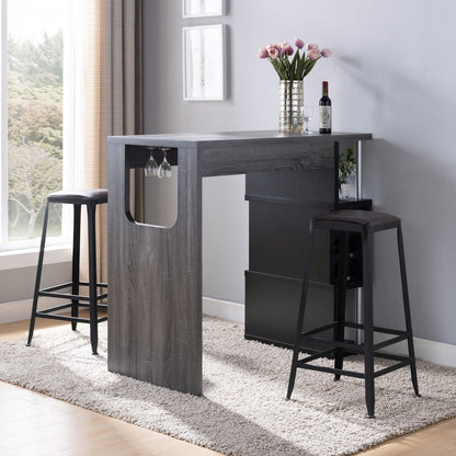 Home Bar Table - Grey Particle Board, 3 Shelves, Wine Glass Storage