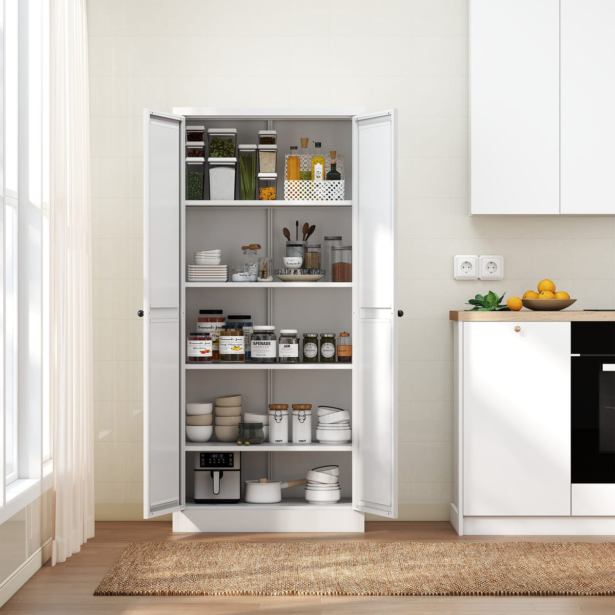 61" White Metal Kitchen Pantry Cabinet - Adjustable Storage