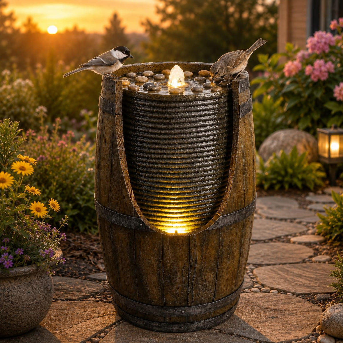 Grayish Green Resin Barrel Water Fountain Outdoor Patio Decor