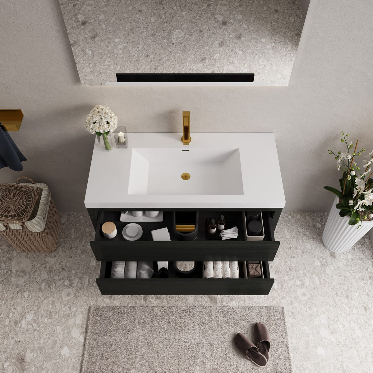 42" Espresso Wood Bathroom Vanity - Floating Storage Cabinet with Stone Resin Sink