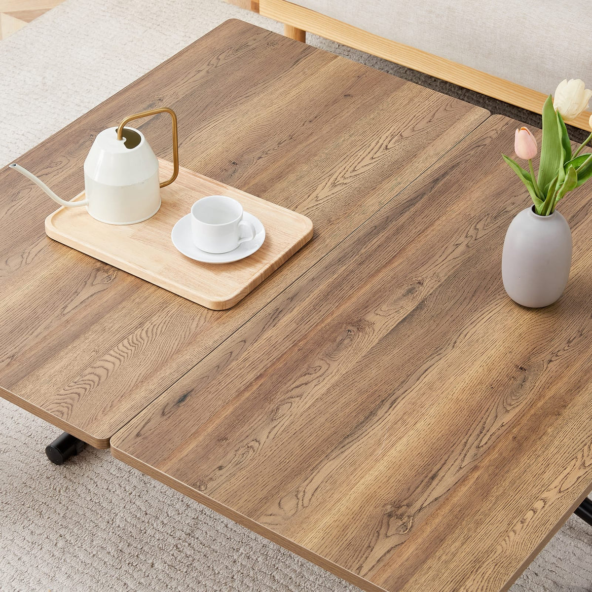 Adjustable Lift Table - Black & Natural Wood MDF for Living Room