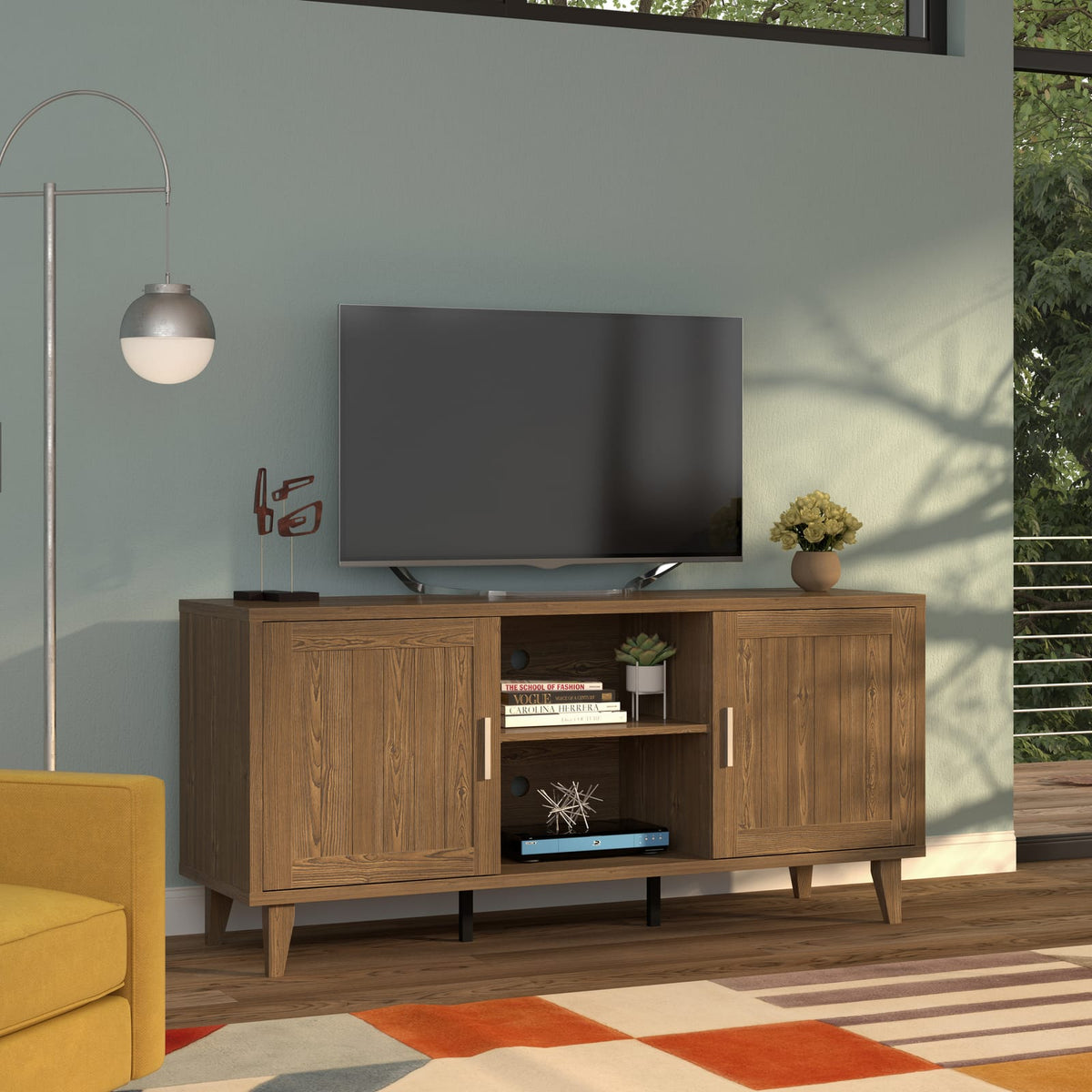 60 Inch Brown MDF TV Stand with Walnut Finish for Media Room for Living Room