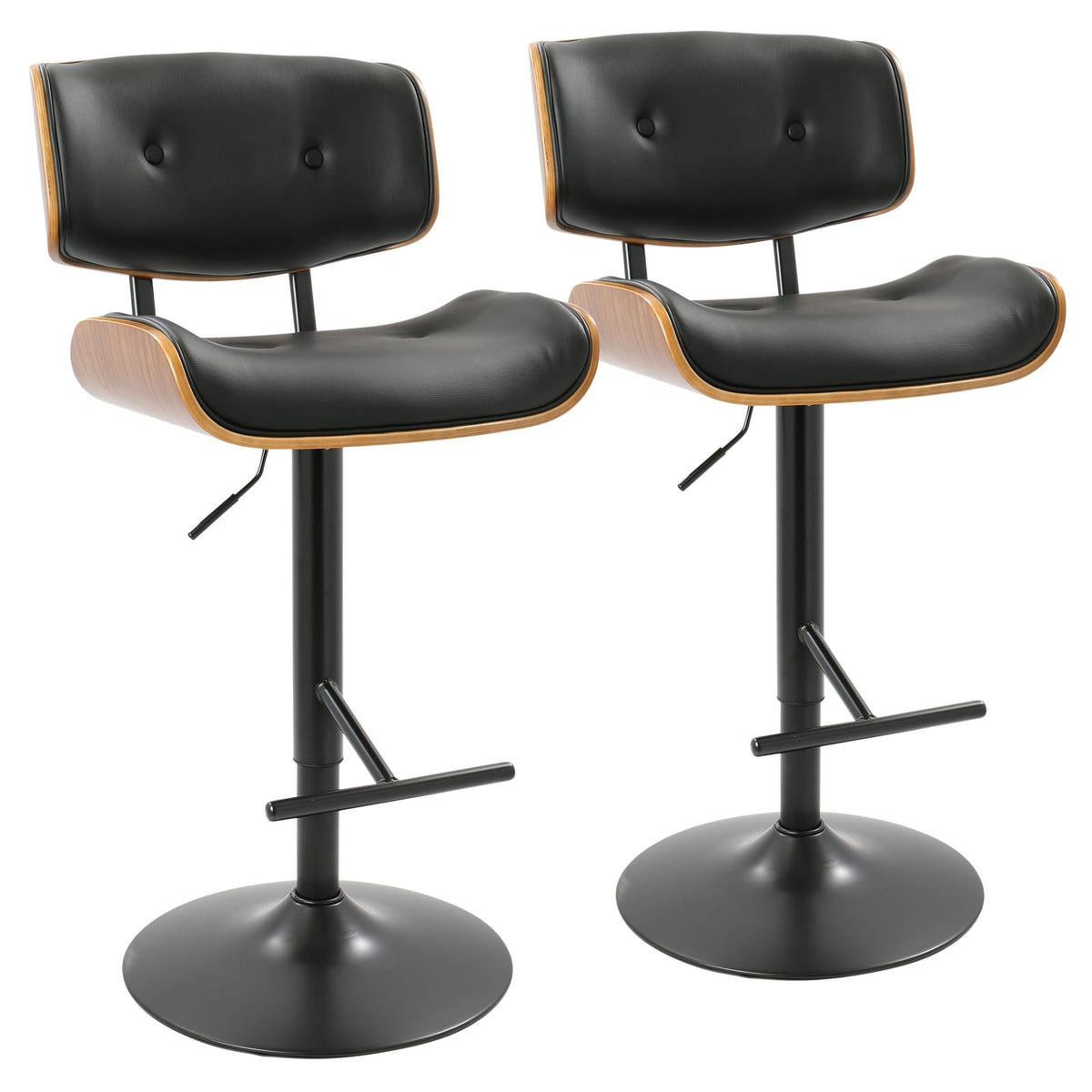 Black Faux Leather Barstools - 2 Mid-Century Style Swivel Bar Stools