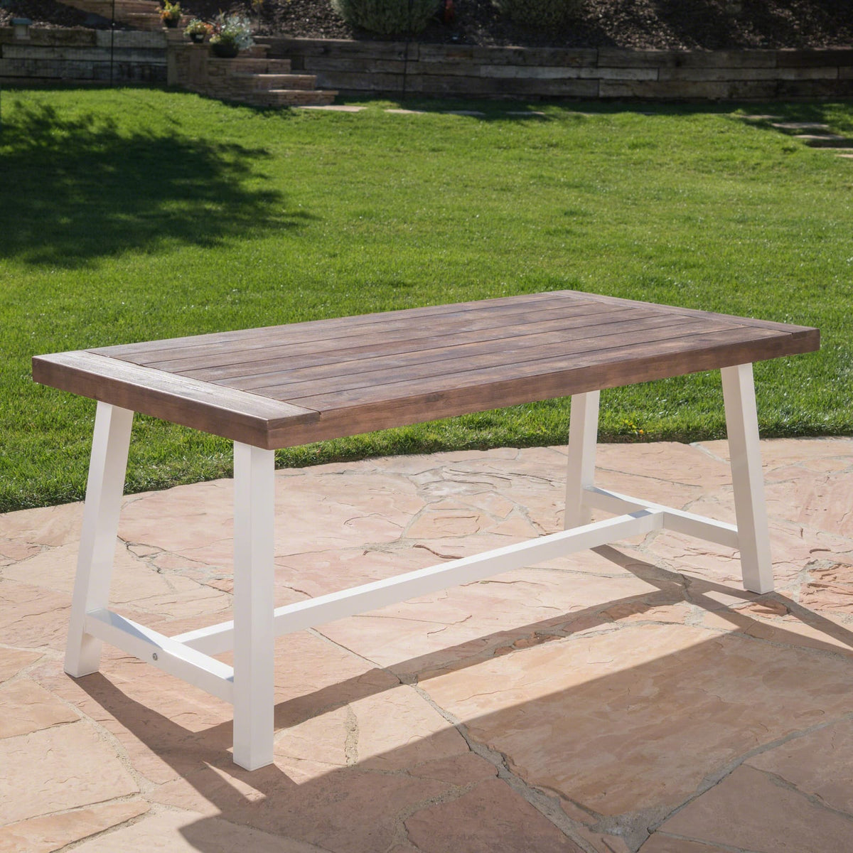 Dark Brown Acacia Wood Dining Table - Outdoor Rustic Metal Frame