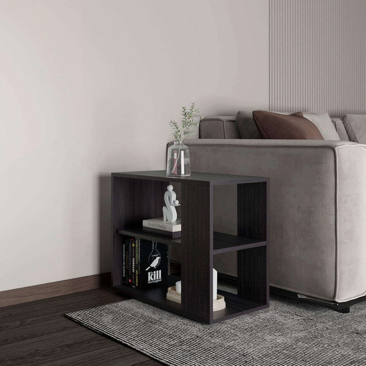 Black Engineered Wood Side Table - 2 Shelves for Living Room