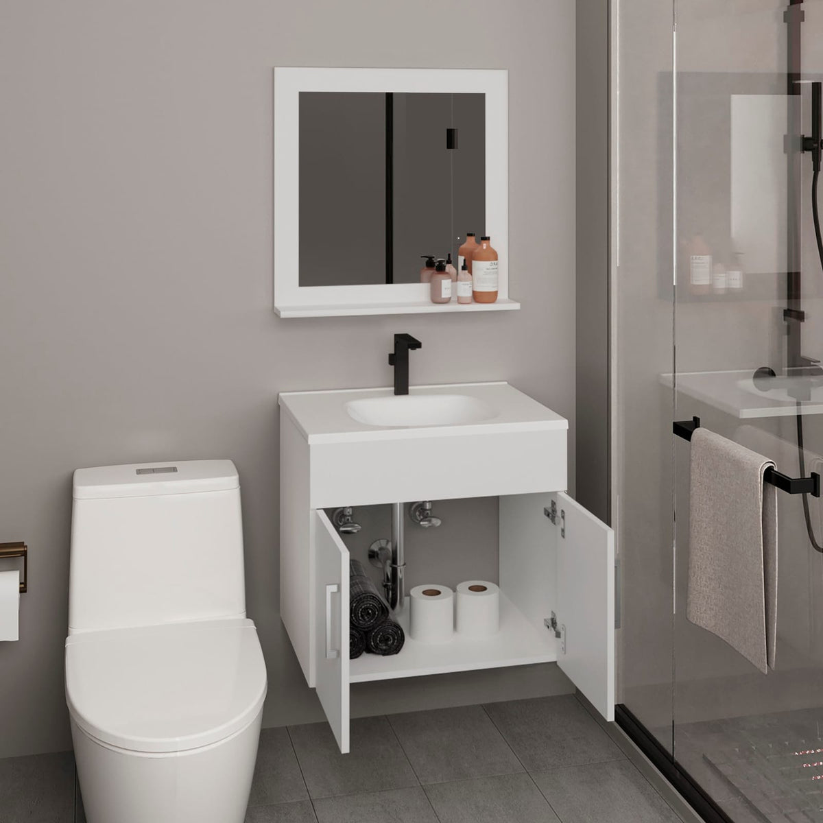 White Bathroom Vanity with Mirror - Wall Mounted Storage