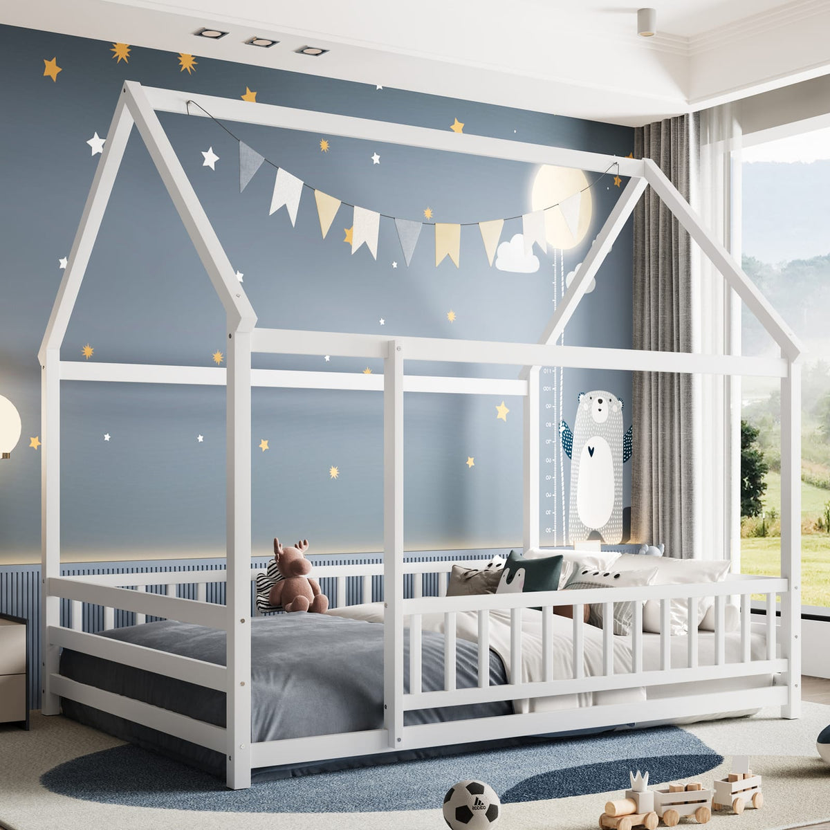 Full Size Wooden Bed Frame White with Roof House Design