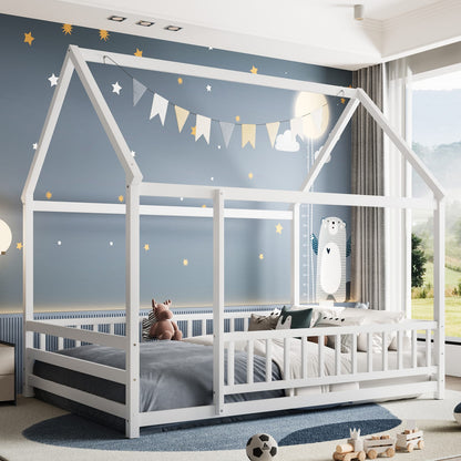 Full Size Wooden Bed Frame White with Roof House Design