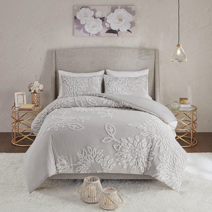 Queen Grey Cotton Chenille Duvet Cover Set - Floral Tufted