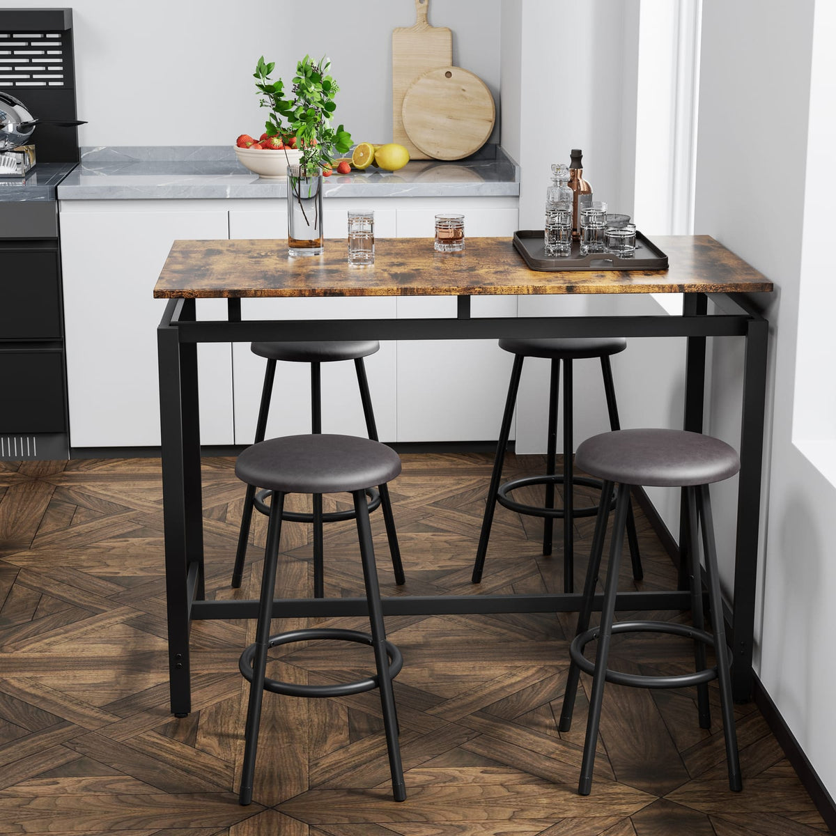 Brown MDF 5-Piece Kitchen Dining Table Set with Stools