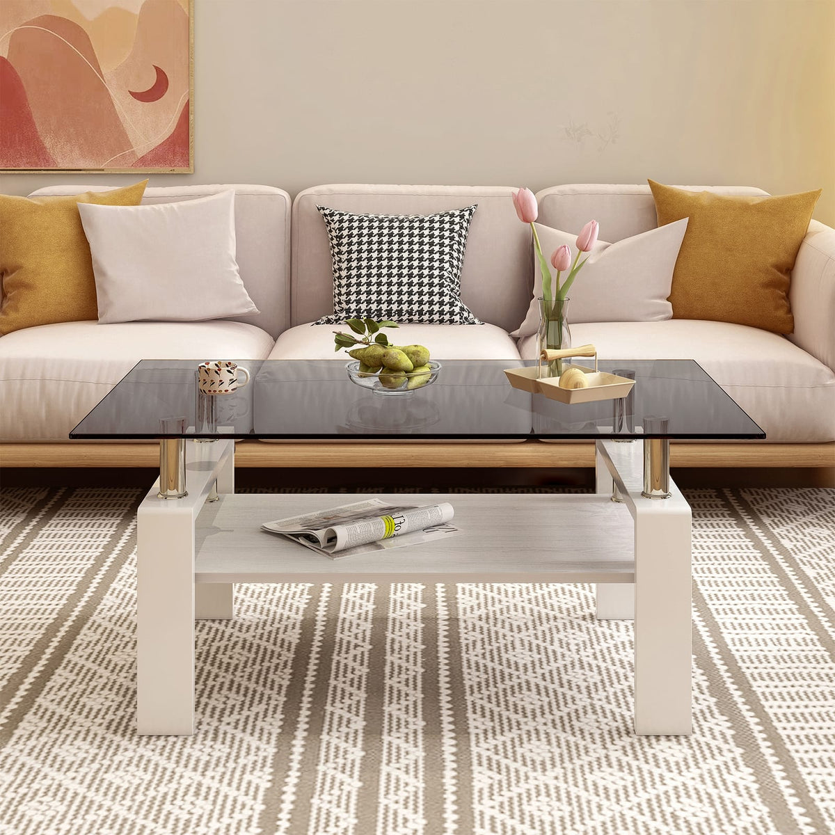 Rectangle Coffee Table - Gray Tempered Glass, Modern Storage Table