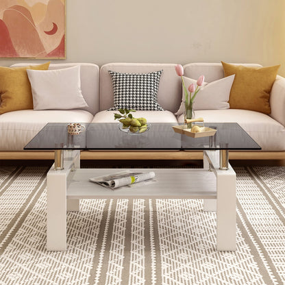 Rectangle Coffee Table - Gray Tempered Glass, Modern Storage Table