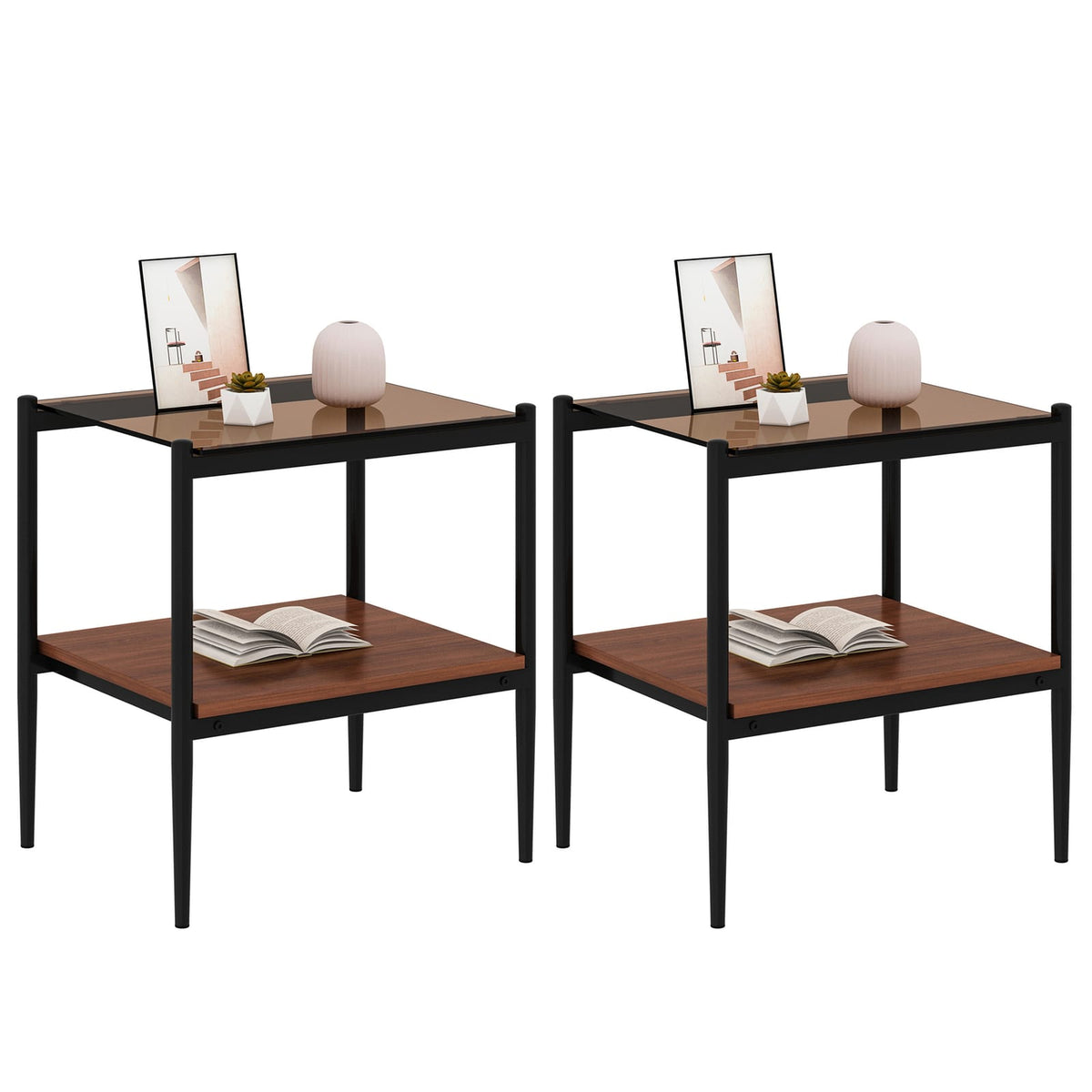 Set of 2 Rectangle End Tables - Brown Tempered Glass
