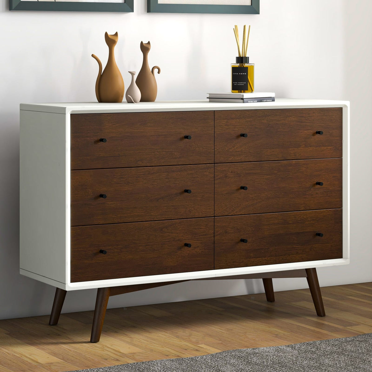 6-Drawer Mid Century Modern Dresser - Dark Brown White