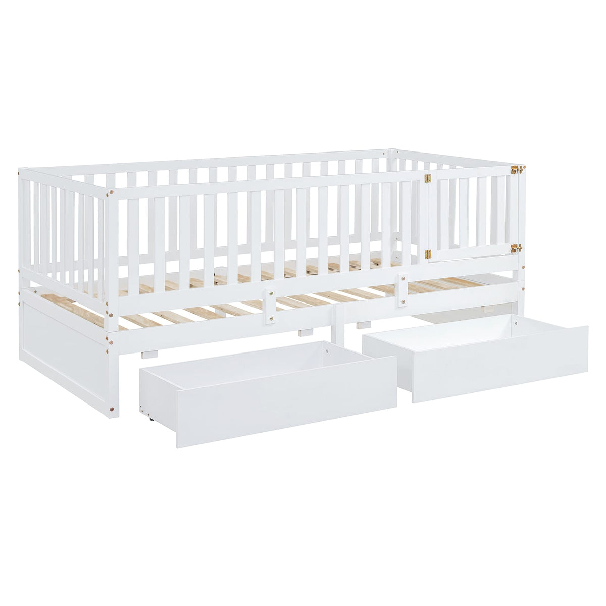 Twin Size Wood Daybed - White with Fence Guardrails & Drawers