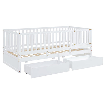 Twin Size Wood Daybed - White with Fence Guardrails & Drawers