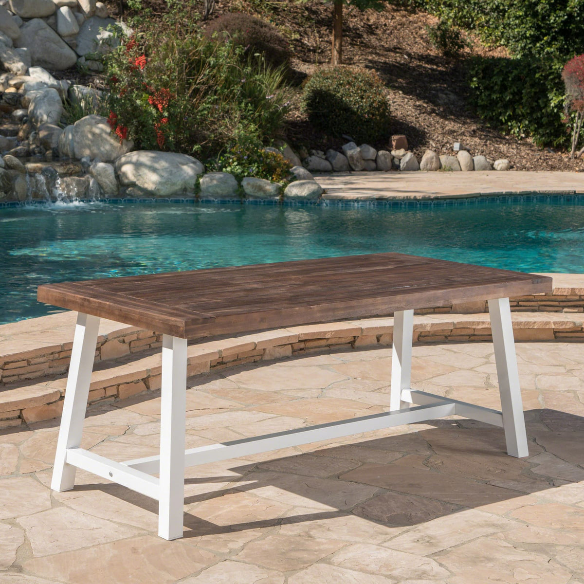 Dark Brown Acacia Wood Dining Table - Outdoor Rustic Metal Frame