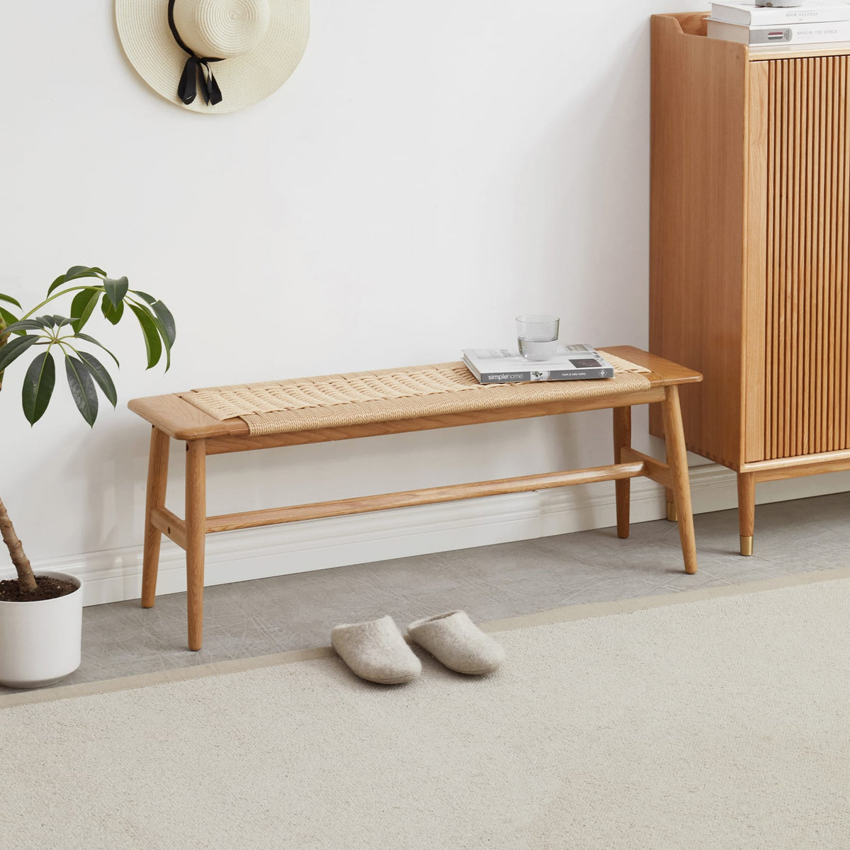 Oak Wood Dining Bench - Rectangular Stool for Bedroom