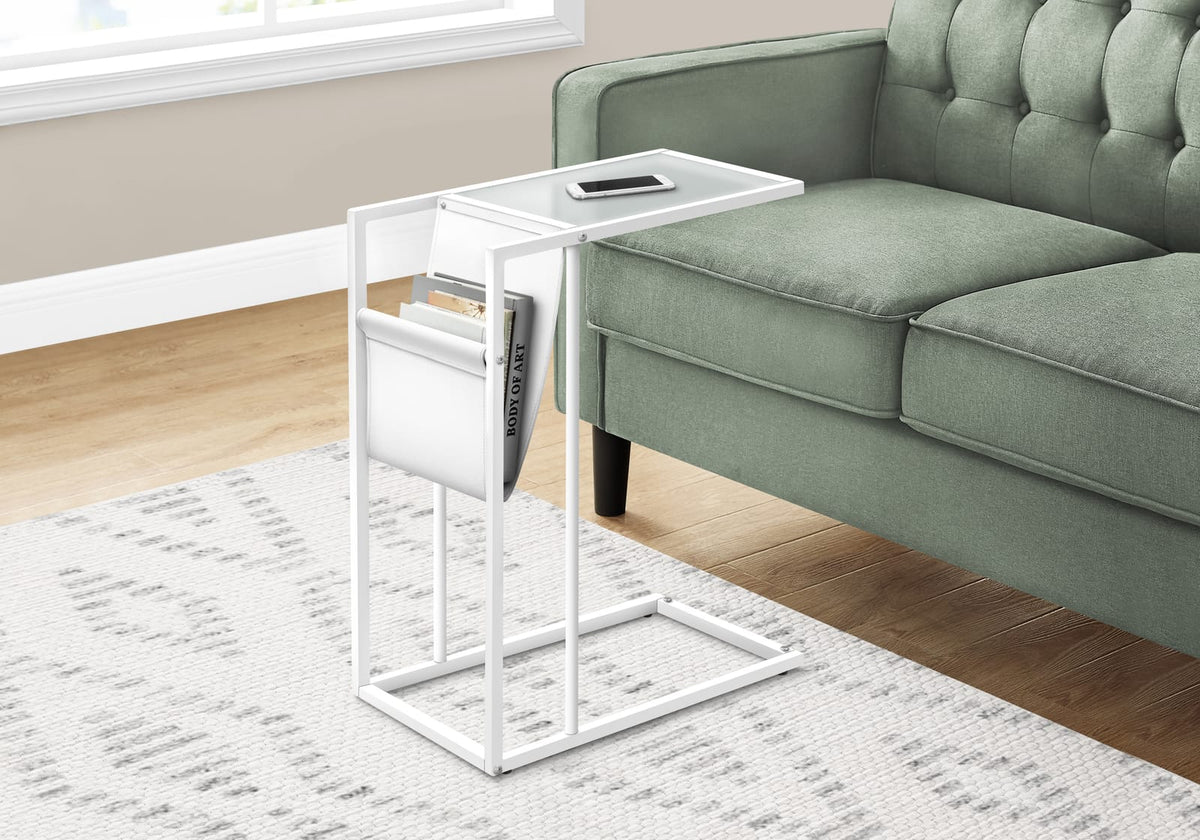 Accent Table, C-Shaped End Table with Magazine Storage - White Metal