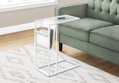 Accent Table, C-Shaped End Table with Magazine Storage - White Metal