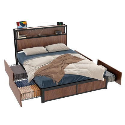 Queen Iron Bed Frame with Natural Wood Headboard & Storage for Bedroom