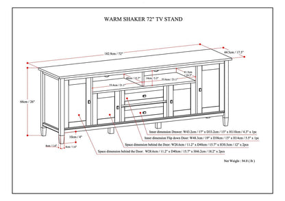 72" Dark Brown Solid Wood TV Stand with Storage for Living Room