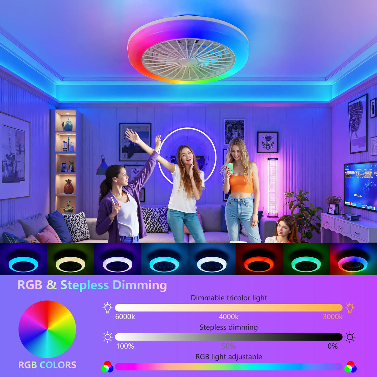 18 Inch RGB Ceiling Fan with Remote - Modern White Iron Lighting
