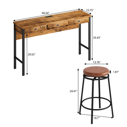 Brown MDF Dining Table Set with Storage and Power Outlets