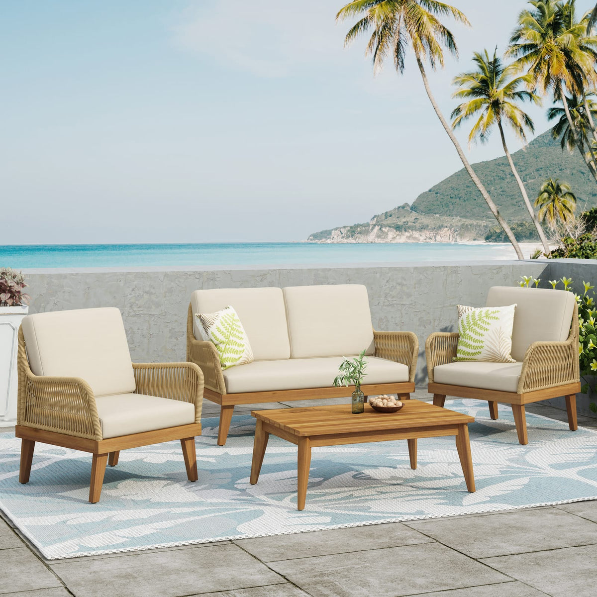 Teak Acacia Wood Chat Set - Loveseat & 2 Chairs, Outdoor Patio Furniture
