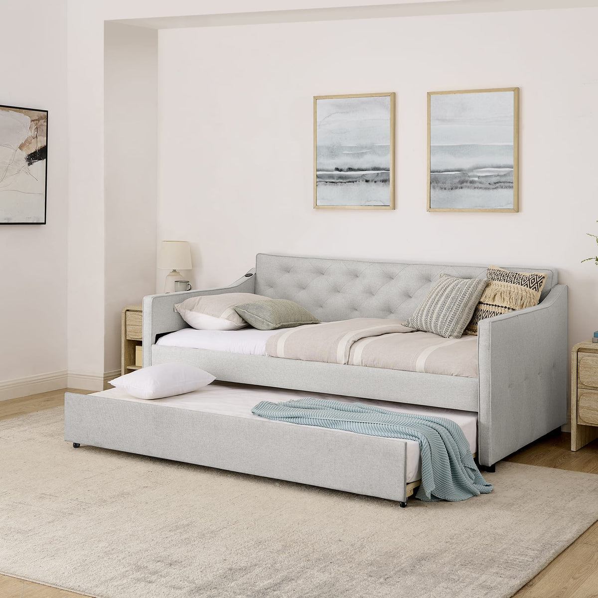 Beige Linen Twin Daybed with Trundle and USB Charging Design
