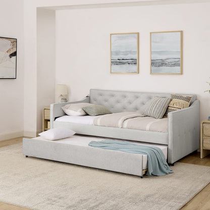 Beige Linen Twin Daybed with Trundle and USB Charging Design