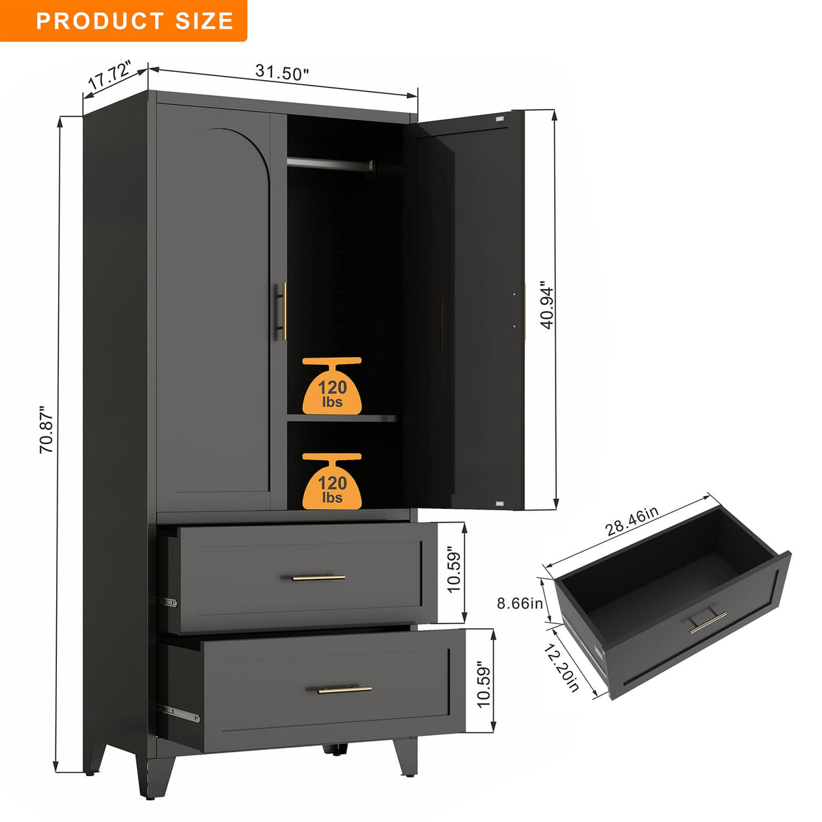 71 Inch Tall Black Steel Wardrobe Cabinet with Drawers