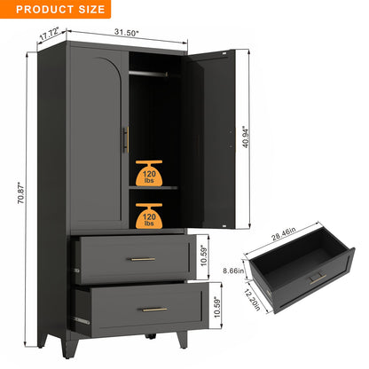 71 Inch Tall Black Steel Wardrobe Cabinet with Drawers