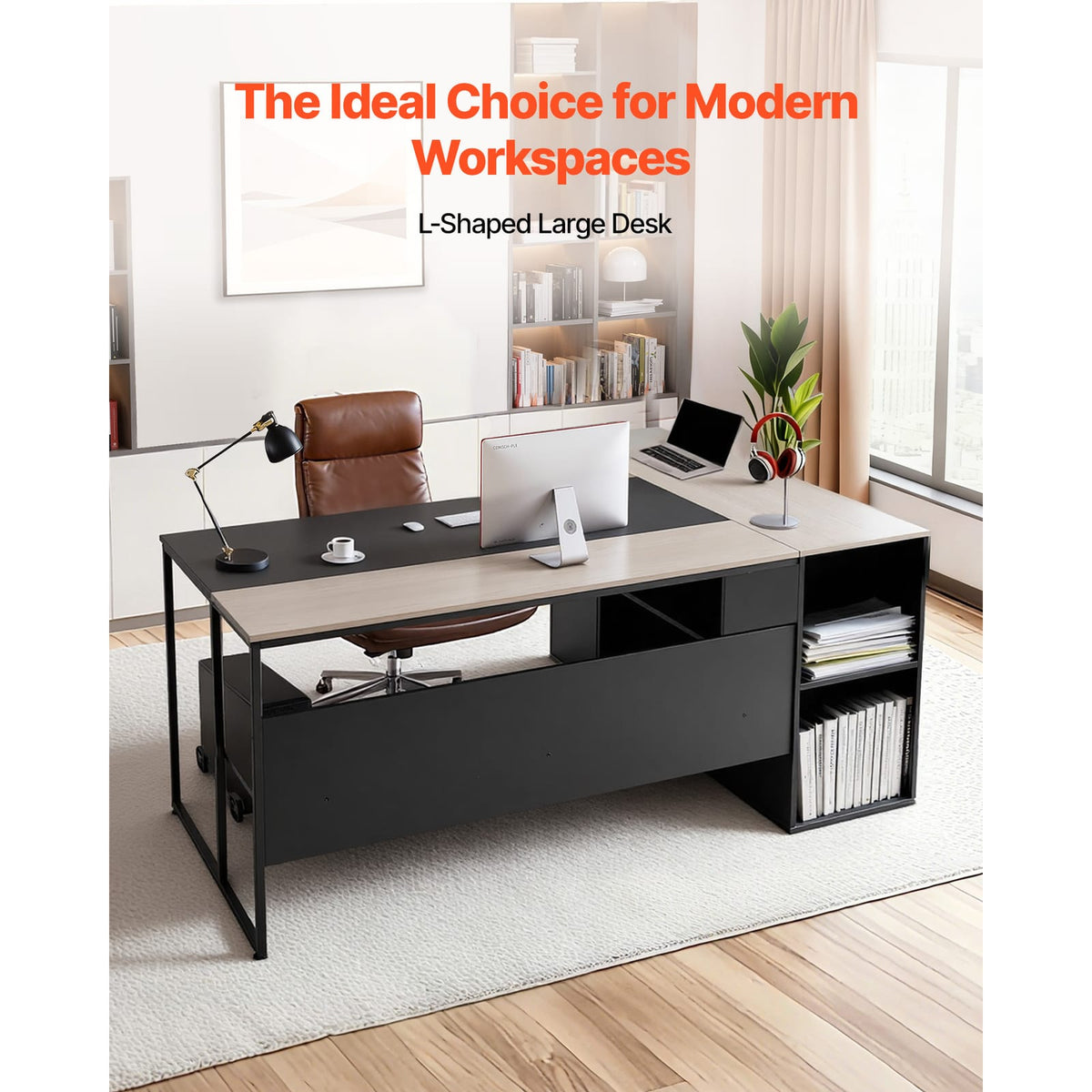 L-Shaped Executive Desk - Large Black+Grey Iron Office Table with Drawers & Storage