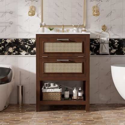 Dark Brown Bathroom Vanity with Ceramic Sink - 24 Inch